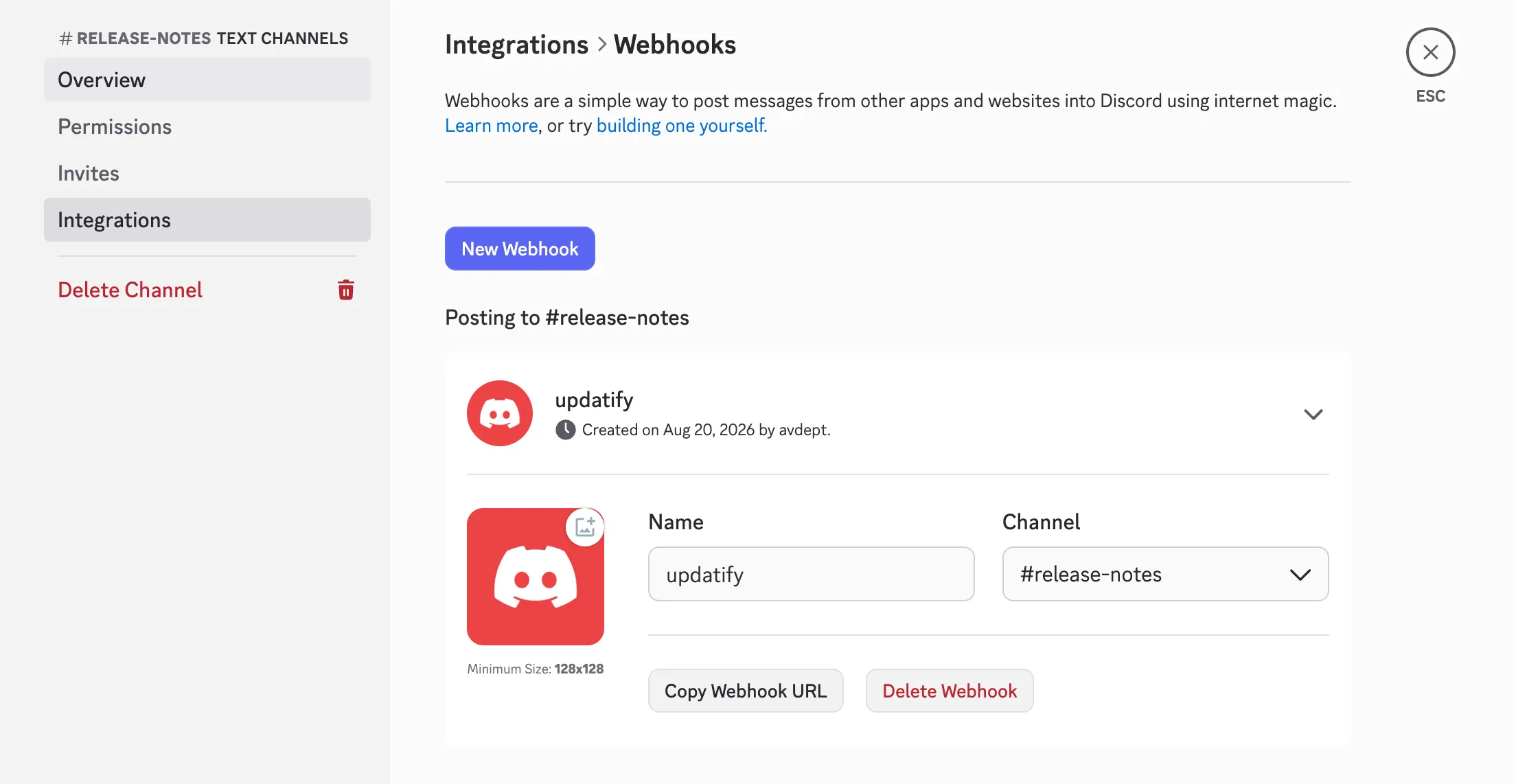 A channel's Integrations then Webhooks screen, with New Webhook, "Posting to #release-notes", the webhook's Name and Channel fields, and the Copy Webhook URL button